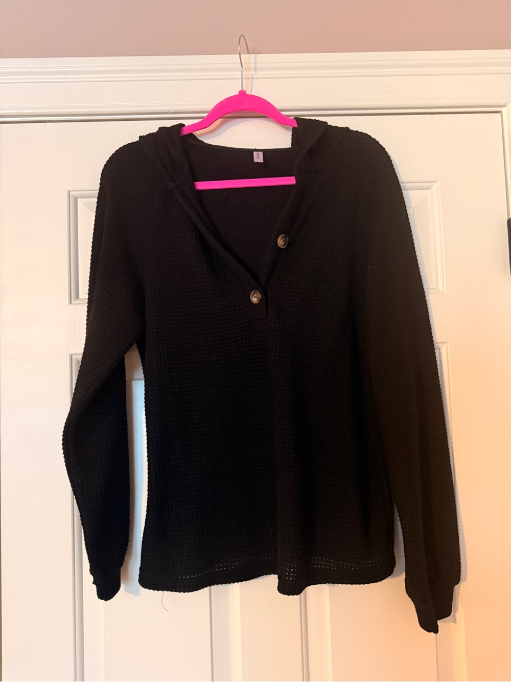 Black Hooded Waffle-Knit Button Pullover Sweatshirt - Women